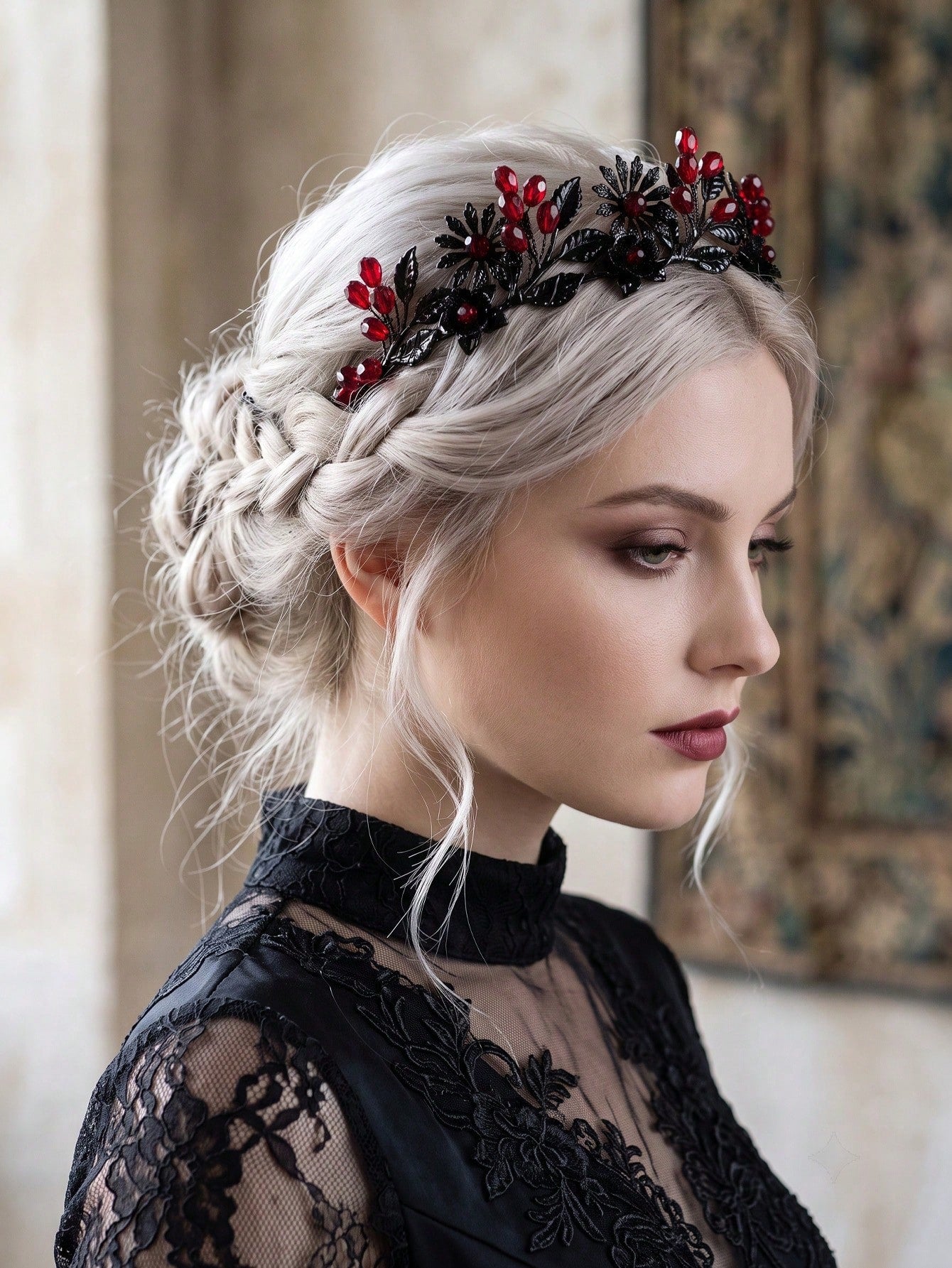 1pc Gothic Black Crystal Floral Tiara Crown Halloween Costume Headband Dark Fairy Bridal Hair Accessories For Women