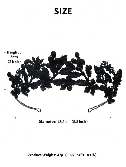 1pc Gothic Black Crystal Floral Tiara Crown Halloween Costume Headband Dark Fairy Bridal Hair Accessories For Women