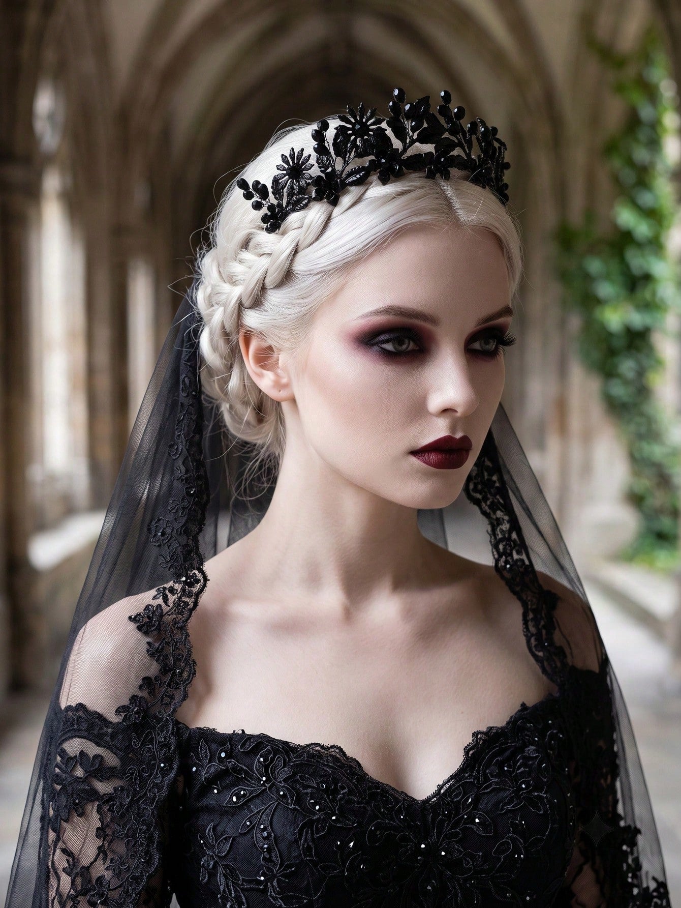 1pc Gothic Black Crystal Floral Tiara Crown Halloween Costume Headband Dark Fairy Bridal Hair Accessories For Women