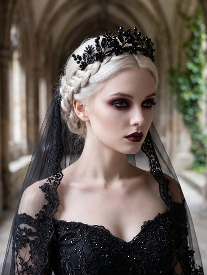 1pc Gothic Black Crystal Floral Tiara Crown Halloween Costume Headband Dark Fairy Bridal Hair Accessories For Women