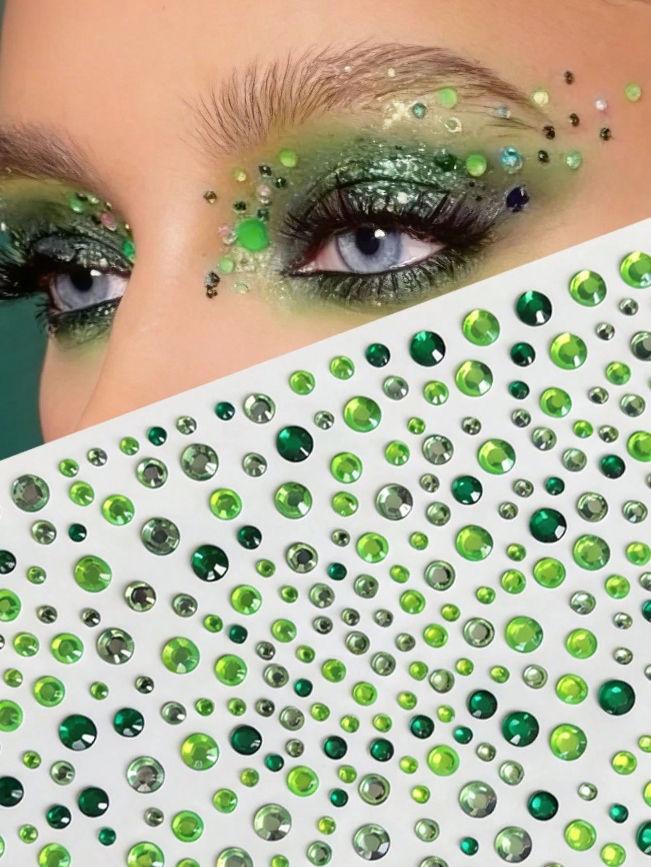 1pc Green Ombre Diamond Face Sticker, Music Festival Makeup, Stage Makeup, Face Decor Rhinestone Sticker, Waterproof Self-Adhesive Elf Makeup Tear Rhinestone Sticker, Creative Makeup Decor Sticker,Con