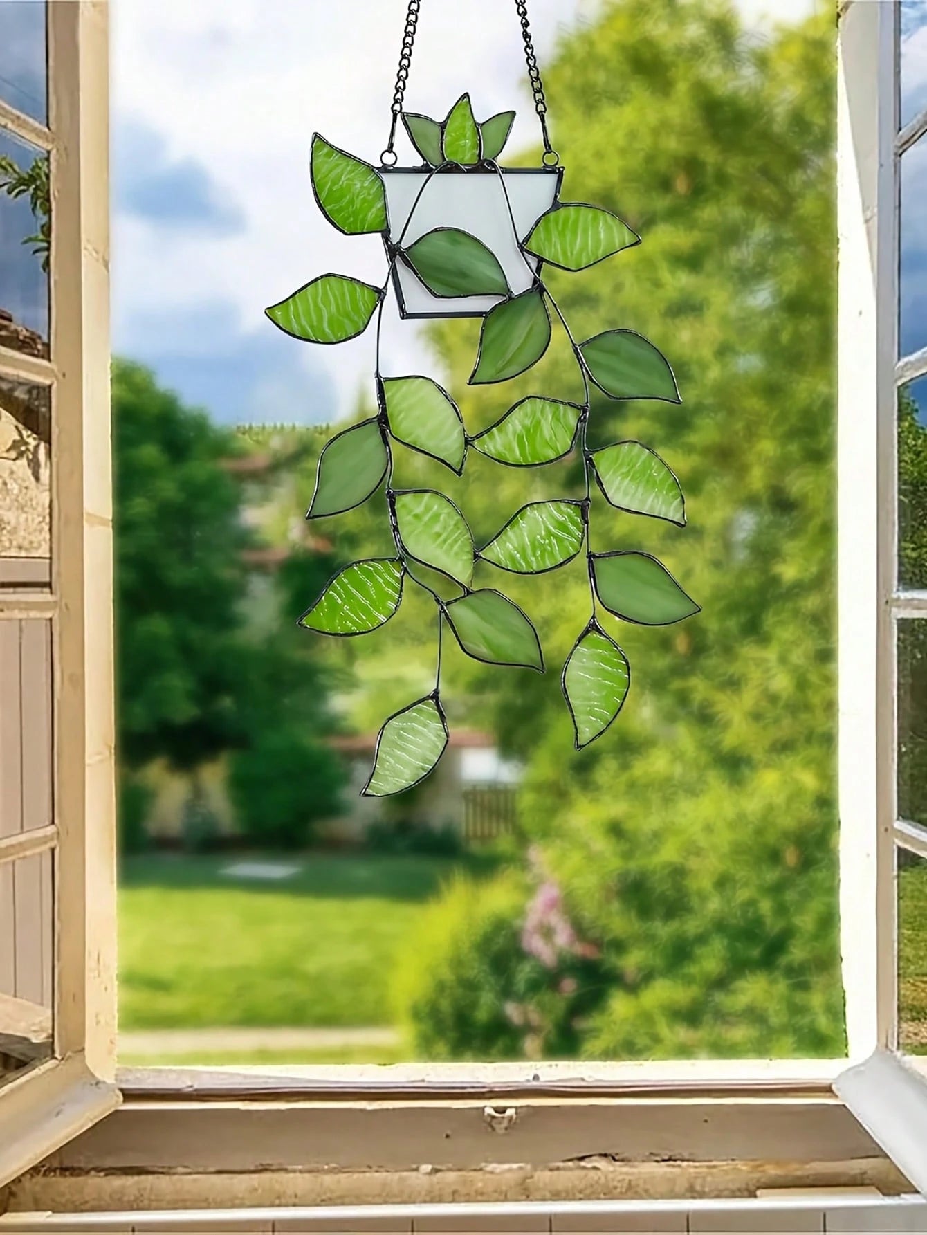 1pc Green Plant Window Suncatcher, Stained Window Hanging, Handcrafted Faux Plant Stained Glass Panel Sun Catcher For Plant Lovers, Unique Home Indoor&Outdoor Decor