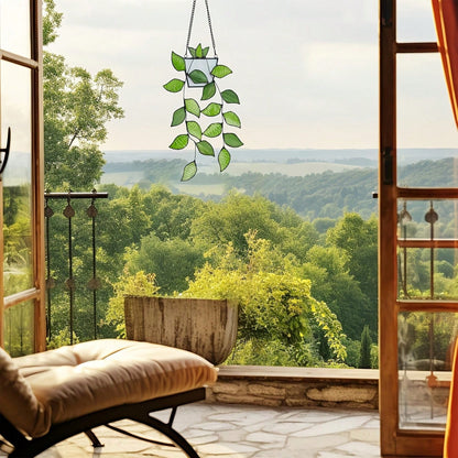 1pc Green Plant Window Suncatcher, Stained Window Hanging, Handcrafted Faux Plant Stained Glass Panel Sun Catcher For Plant Lovers, Unique Home Indoor&Outdoor Decor