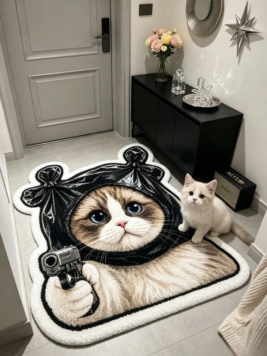 1pc Gun-Holding Ragdoll Cat Shaped Rug, Front Door Mat, Small Rug, Living Room Area Rug, Area Small Rug, Mat, Home Decor, Living Room Home Decor, Room Decor, Washable Rug