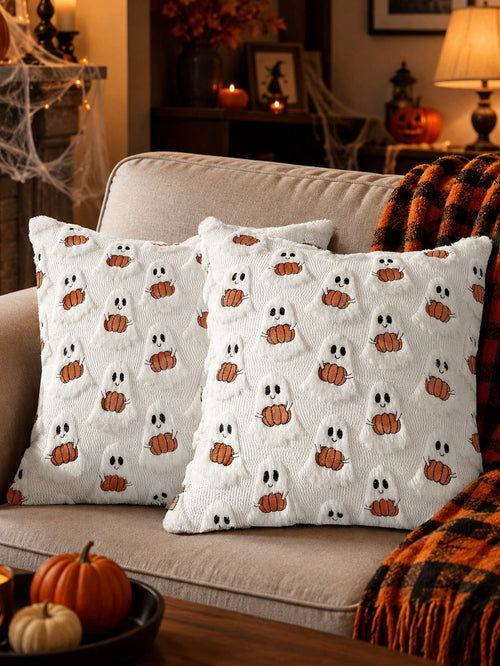 1pc Halloween Decorative Pillowcase, Autumn Cute Ghost Plush Faux Fur Pillow Cover, Soft Pumpkin Element, Sofa Bed Living Room Holiday Home Decor