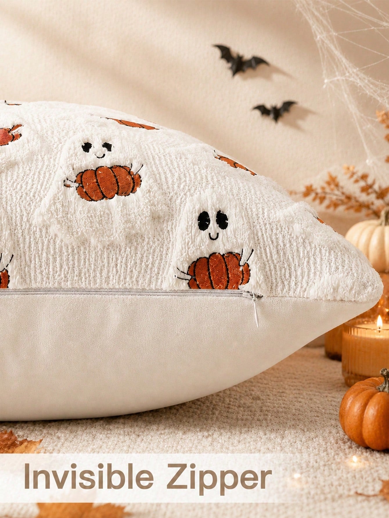 1pc Halloween Decorative Pillowcase, Autumn Cute Ghost Plush Faux Fur Pillow Cover, Soft Pumpkin Element, Sofa Bed Living Room Holiday Home Decor