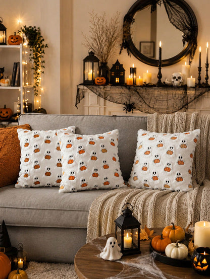 1pc Halloween Decorative Pillowcase, Autumn Cute Ghost Plush Faux Fur Pillow Cover, Soft Pumpkin Element, Sofa Bed Living Room Holiday Home Decor
