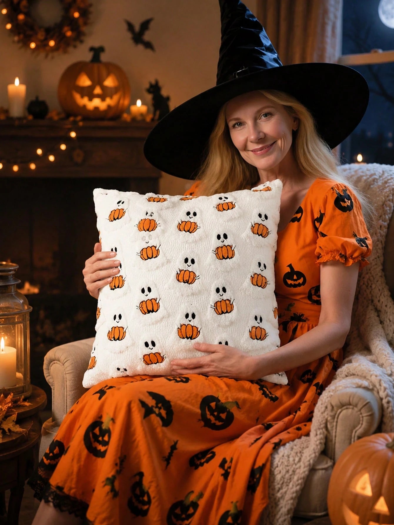 1pc Halloween Decorative Pillowcase, Autumn Cute Ghost Plush Faux Fur Pillow Cover, Soft Pumpkin Element, Sofa Bed Living Room Holiday Home Decor
