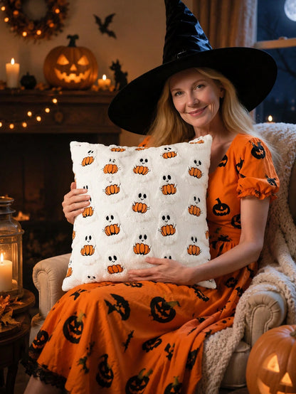 1pc Halloween Decorative Pillowcase, Autumn Cute Ghost Plush Faux Fur Pillow Cover, Soft Pumpkin Element, Sofa Bed Living Room Holiday Home Decor