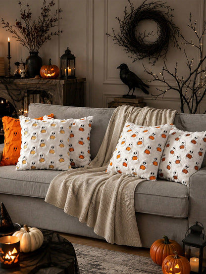 1pc Halloween Decorative Pillowcase, Autumn Cute Ghost Plush Faux Fur Pillow Cover, Soft Pumpkin Element, Sofa Bed Living Room Holiday Home Decor