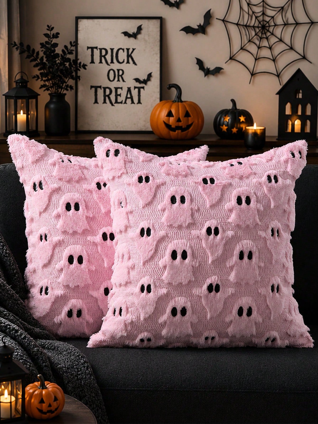 1pc Halloween Decorative Pillowcase, Autumn Cute Ghost Plush Faux Fur Pillow Cover, Soft Pumpkin Element, Sofa Bed Living Room Holiday Home Decor