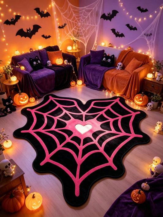 1pc Halloween Heart-Shaped Spider Web Alien Floor Mat, Decorative Carpet, Floor Mat, Carpet, Living Room Carpet, Bedroom Carpet, Halloween Carpet