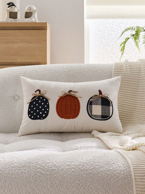 1pc Halloween Plaid Pumpkin Embroidered Pillowcase, Suitable For Indoor Decor, Halloween Decoration, All-Season Pillowcase, Without Insert