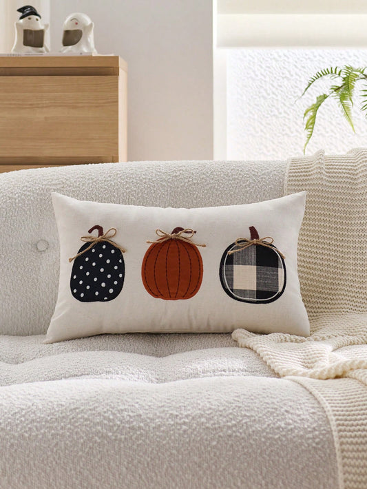 1pc Halloween Plaid Pumpkin Embroidered Pillowcase, Suitable For Indoor Decor, Halloween Decoration, All-Season Pillowcase, Without Insert