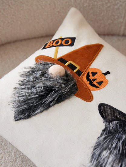 1pc Halloween Witch Embroidered Pillowcase, Halloween BOO Pillowcase, Suitable For Indoor Decoration, Halloween Decoration, All Season Pillowcase, Without Insert