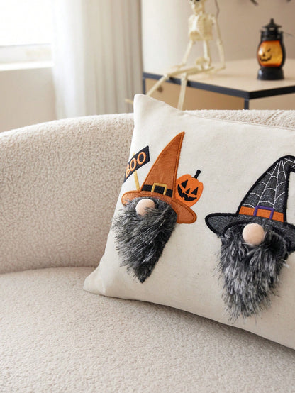 1pc Halloween Witch Embroidered Pillowcase, Halloween BOO Pillowcase, Suitable For Indoor Decoration, Halloween Decoration, All Season Pillowcase, Without Insert
