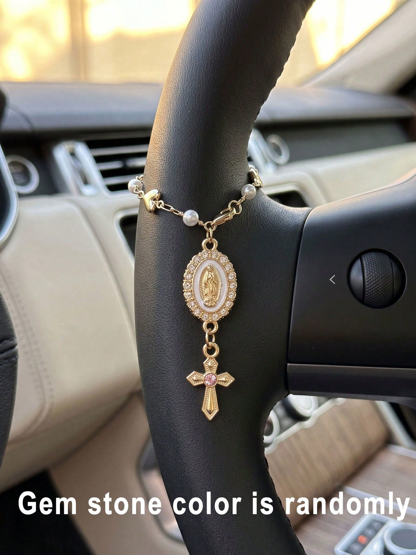 1pc Handmade Virgin Mary Cross Gemstone Car Steering Wheel Pendant Amulet, Suitable For Most Car Models Or Holiday Gift