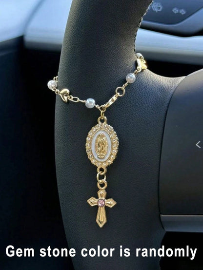 1pc Handmade Virgin Mary Cross Gemstone Car Steering Wheel Pendant Amulet, Suitable For Most Car Models Or Holiday Gift