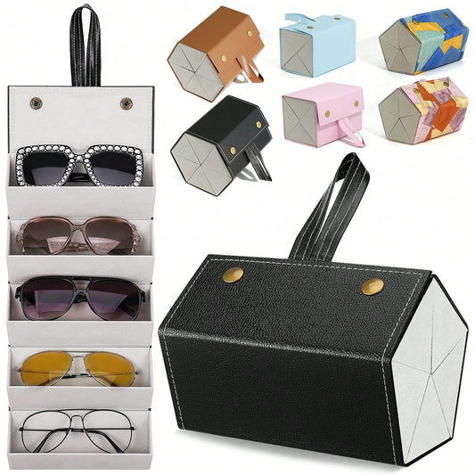 1PC Hanging 4/5/6 Slot Collapsible & Foldable Sunglasses Organizer With Detachable Handle & Wall-Mountable Design, Premium PU Leather Multiple Eyewear Storage Case With Magnetic Closure, Travel-Friend