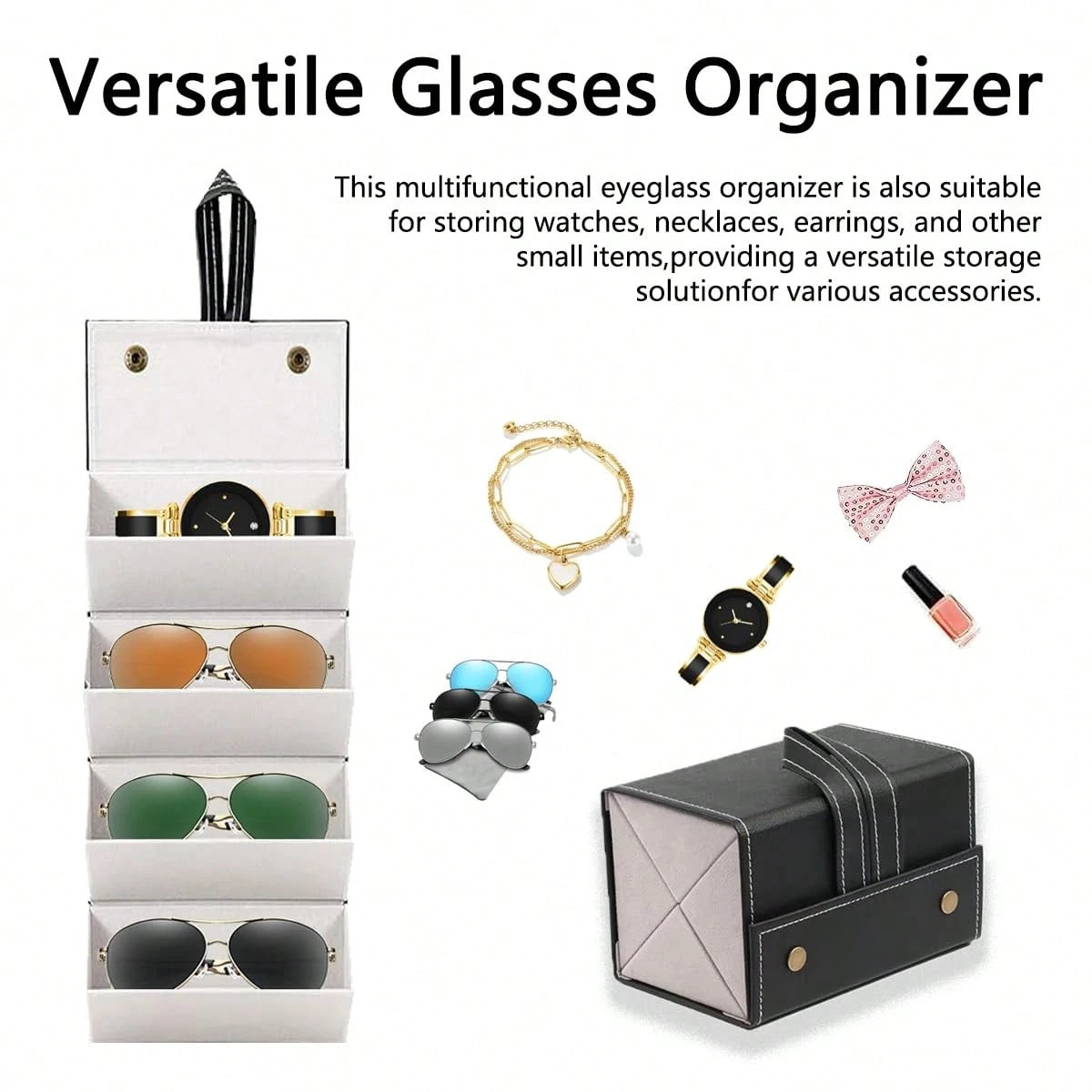 1PC Hanging 4/5/6 Slot Collapsible & Foldable Sunglasses Organizer With Detachable Handle & Wall-Mountable Design, Premium PU Leather Multiple Eyewear Storage Case With Magnetic Closure, Travel-Friend