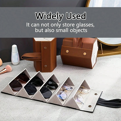 1PC Hanging 4/5/6 Slot Collapsible & Foldable Sunglasses Organizer With Detachable Handle & Wall-Mountable Design, Premium PU Leather Multiple Eyewear Storage Case With Magnetic Closure, Travel-Friend