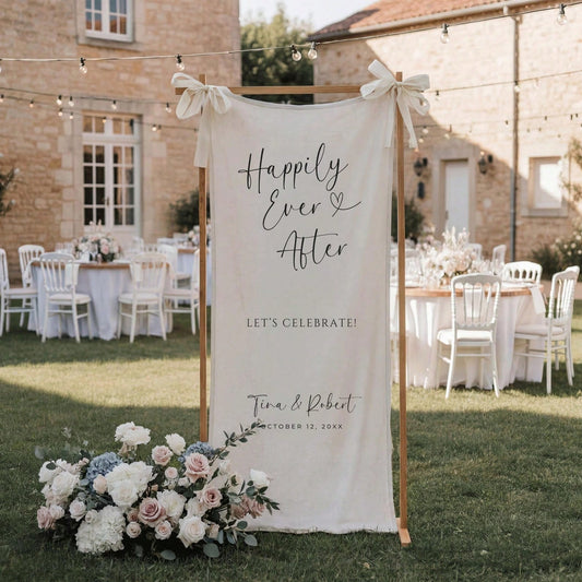 1PC Happily Ever After Linen Wedding Welcome Sign, Custom Fairytale Wedding Banner, Rustic Reception Fabric Decor, Special Occasion Tapestry, 4 Sizes Available