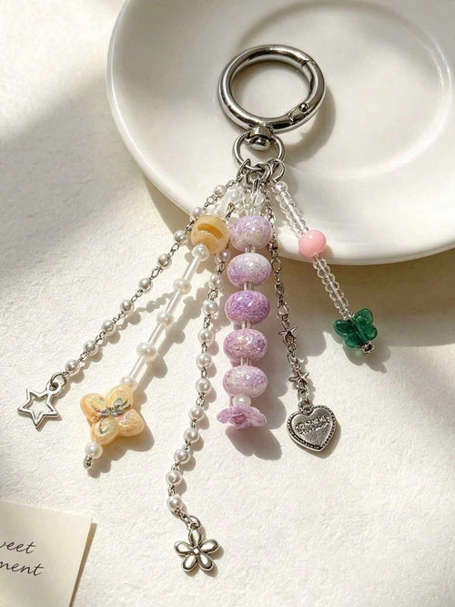 1pc INS Style Dopamine Beaded Keychain Bag Charm Heart Butterfly Accessory