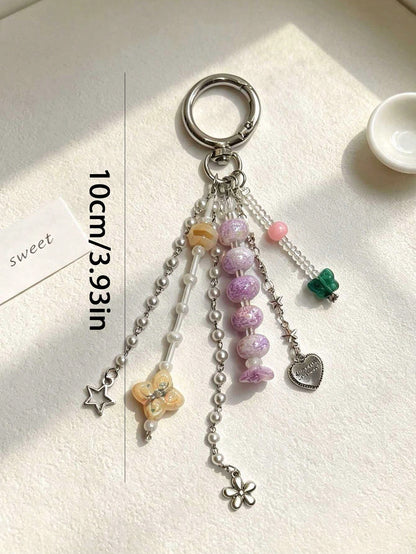 1pc INS Style Dopamine Beaded Keychain Bag Charm Heart Butterfly Accessory