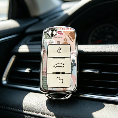 1pc Key Cover- Print,Suitable For Jetta Mk6, Polo Mk5, Golf Mk6, Tiguan Mk1, Passat B7, Passat NMS, Caddy Mk3, Beetle, Amarok, Touran Mk1. Advanced Soft-Touch, Does Not Block Signal, Unisex.