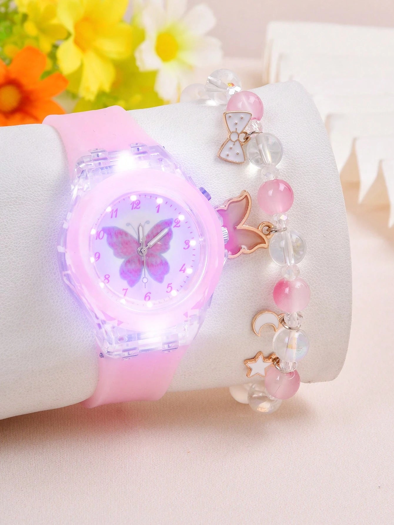 1pc Kids Butterfly Print Dial Quartz Watch & 1pc Bracelet