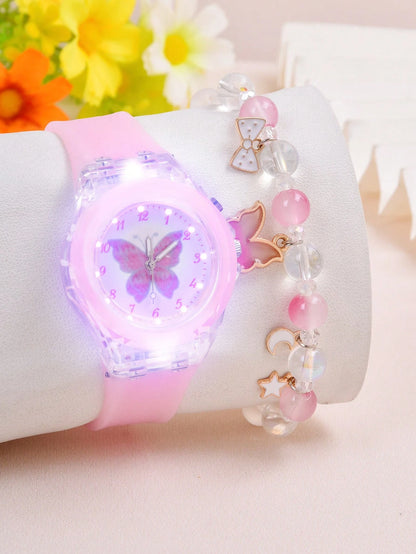 1pc Kids Butterfly Print Dial Quartz Watch & 1pc Bracelet
