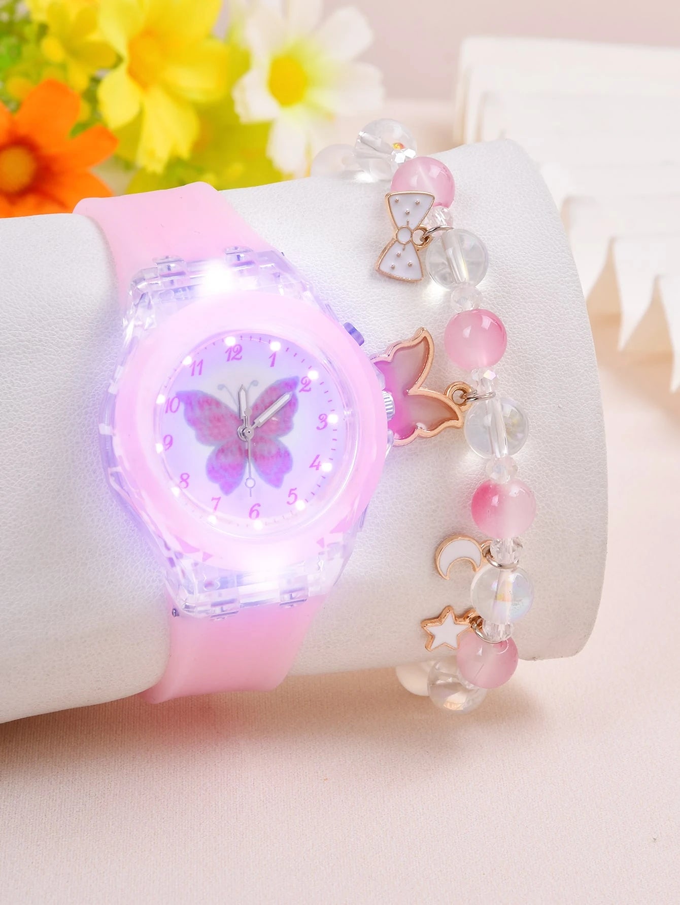 1pc Kids Butterfly Print Dial Quartz Watch & 1pc Bracelet