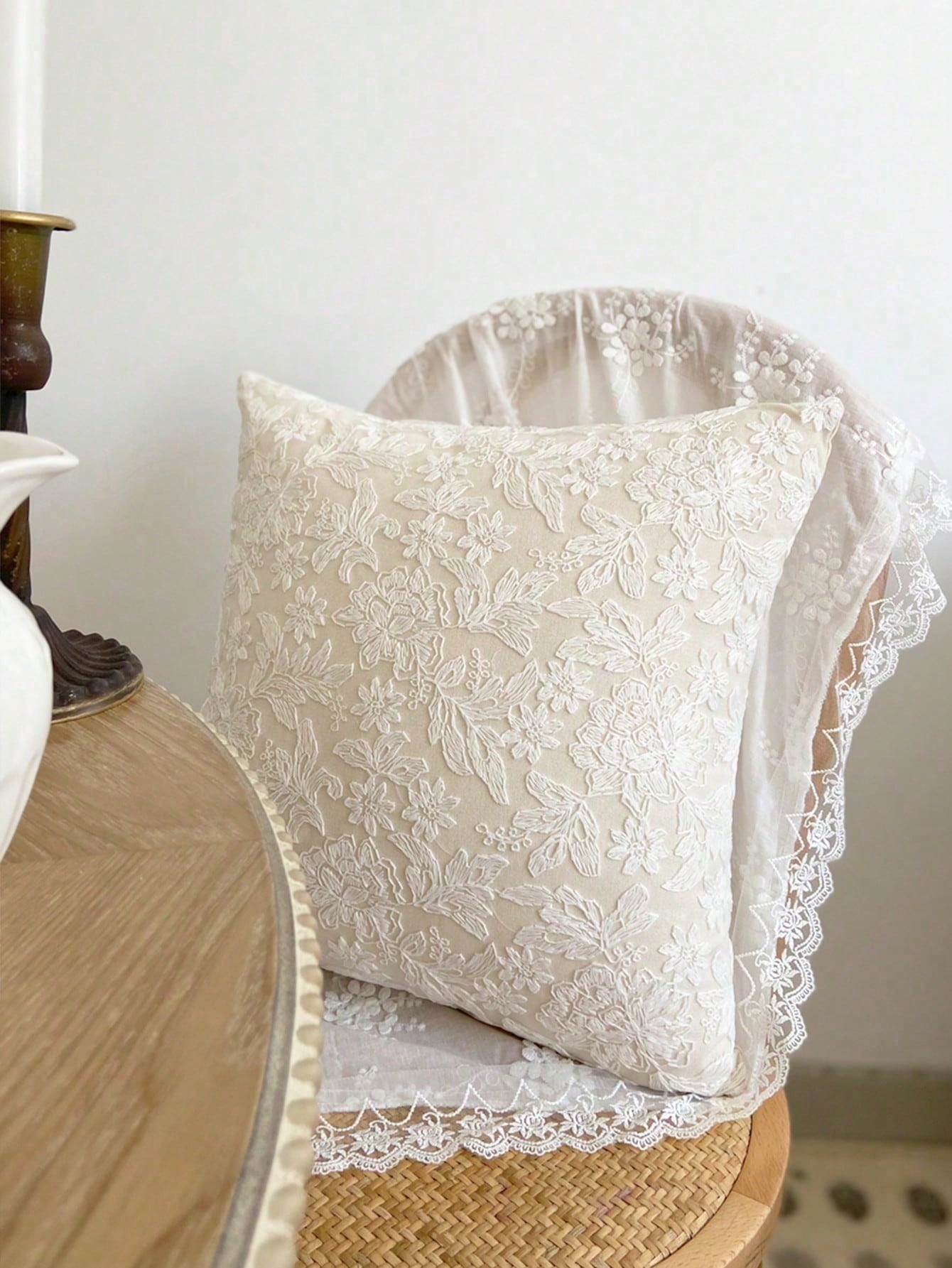 1pc Lace Embroidered Faux Fur Decorative Throw Pillow/Lumbar Pillow Cover, For Bedroom, Living Room, Sofa