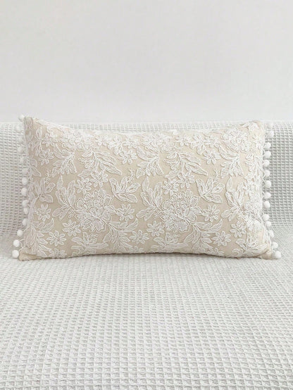 1pc Lace Embroidered Faux Fur Decorative Throw Pillow/Lumbar Pillow Cover, For Bedroom, Living Room, Sofa