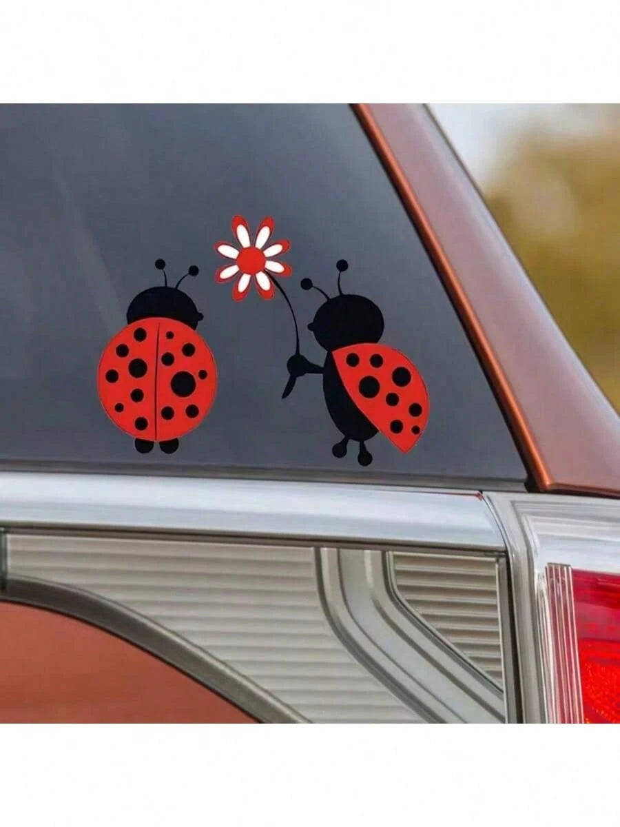 1pc Ladybug Cartoon Decal, Self-Adhesive Plastic Animal Print Sticker For Car Body Decoration, Glossy Finish, Asymmetric Shape, Single Use, Suitable For Plastic Surfaces, Ideal For Rear Placement