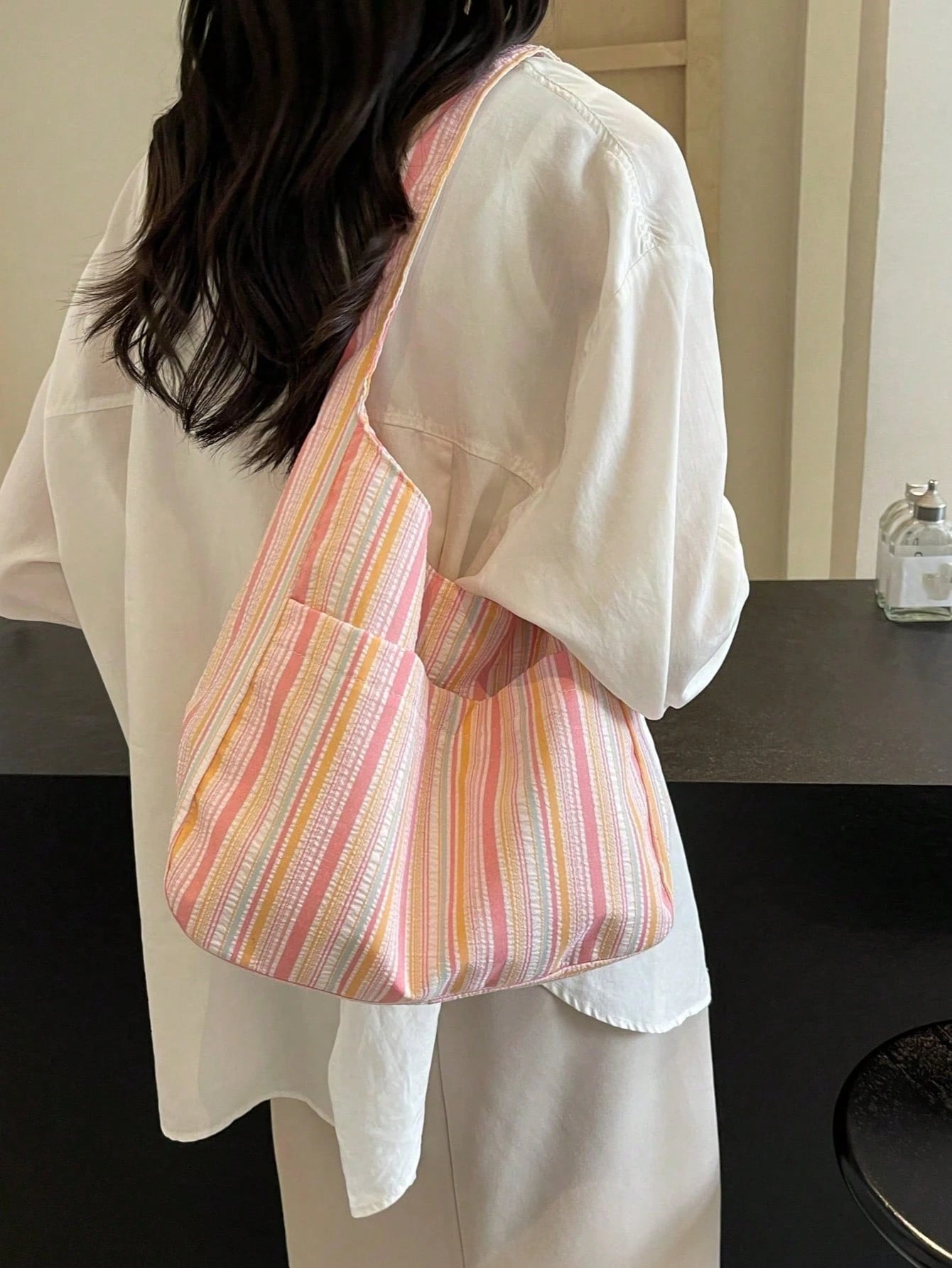 1PC Large Capacity Women Cloth Tote Bag, Shoulder Bag, Casual Stripe Fabric Handbag, Pink, Beach
