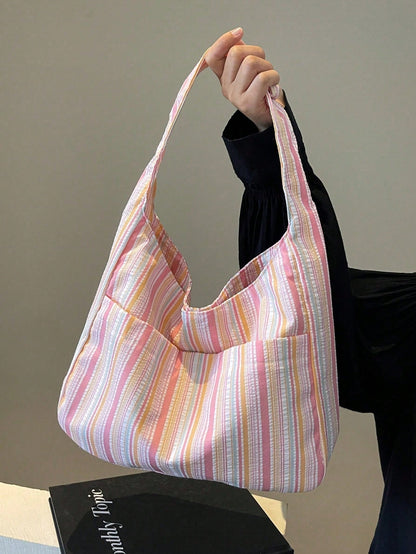 1PC Large Capacity Women Cloth Tote Bag, Shoulder Bag, Casual Stripe Fabric Handbag, Pink, Beach