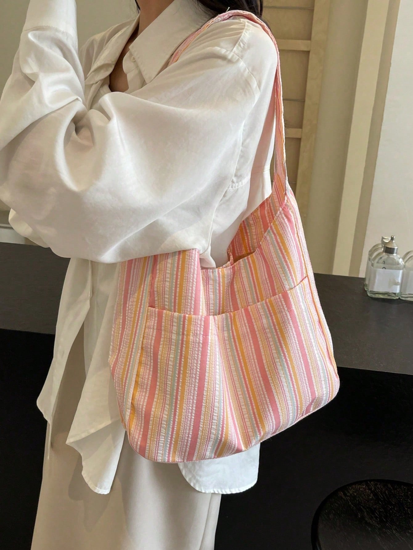 1PC Large Capacity Women Cloth Tote Bag, Shoulder Bag, Casual Stripe Fabric Handbag, Pink, Beach