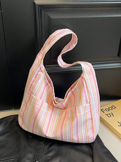 1PC Large Capacity Women Cloth Tote Bag, Shoulder Bag, Casual Stripe Fabric Handbag, Pink, Beach