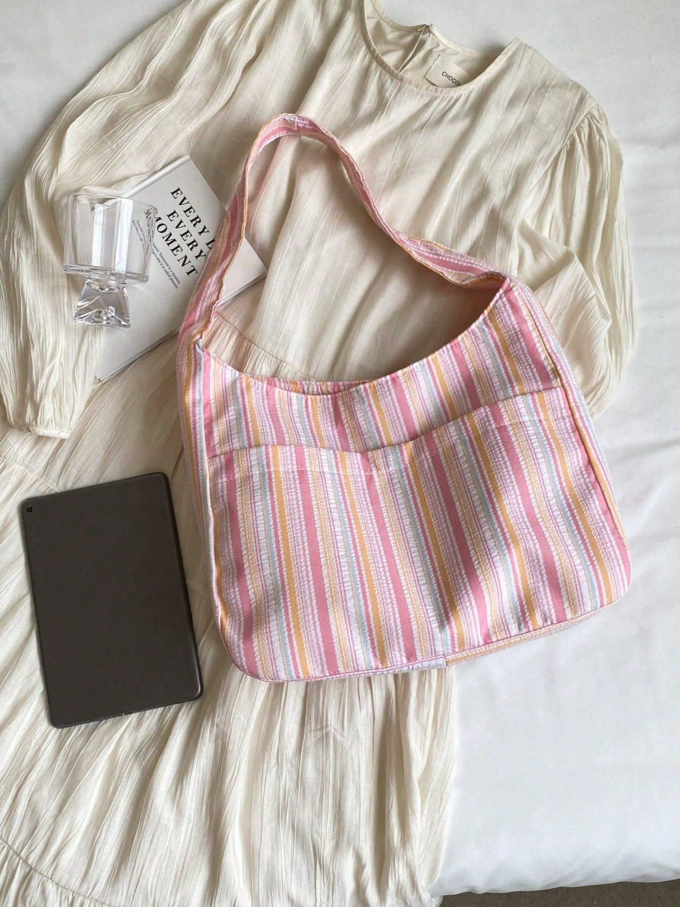 1PC Large Capacity Women Cloth Tote Bag, Shoulder Bag, Casual Stripe Fabric Handbag, Pink, Beach