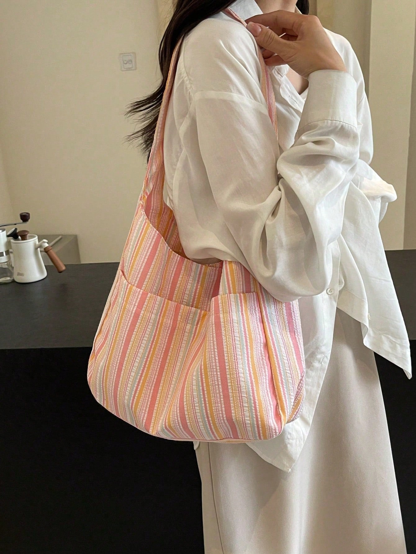 1PC Large Capacity Women Cloth Tote Bag, Shoulder Bag, Casual Stripe Fabric Handbag, Pink, Beach