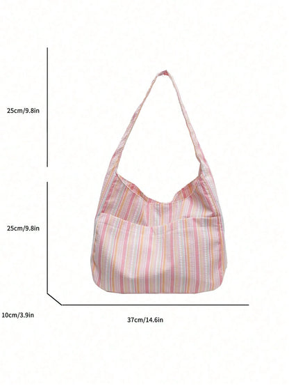 1PC Large Capacity Women Cloth Tote Bag, Shoulder Bag, Casual Stripe Fabric Handbag, Pink, Beach