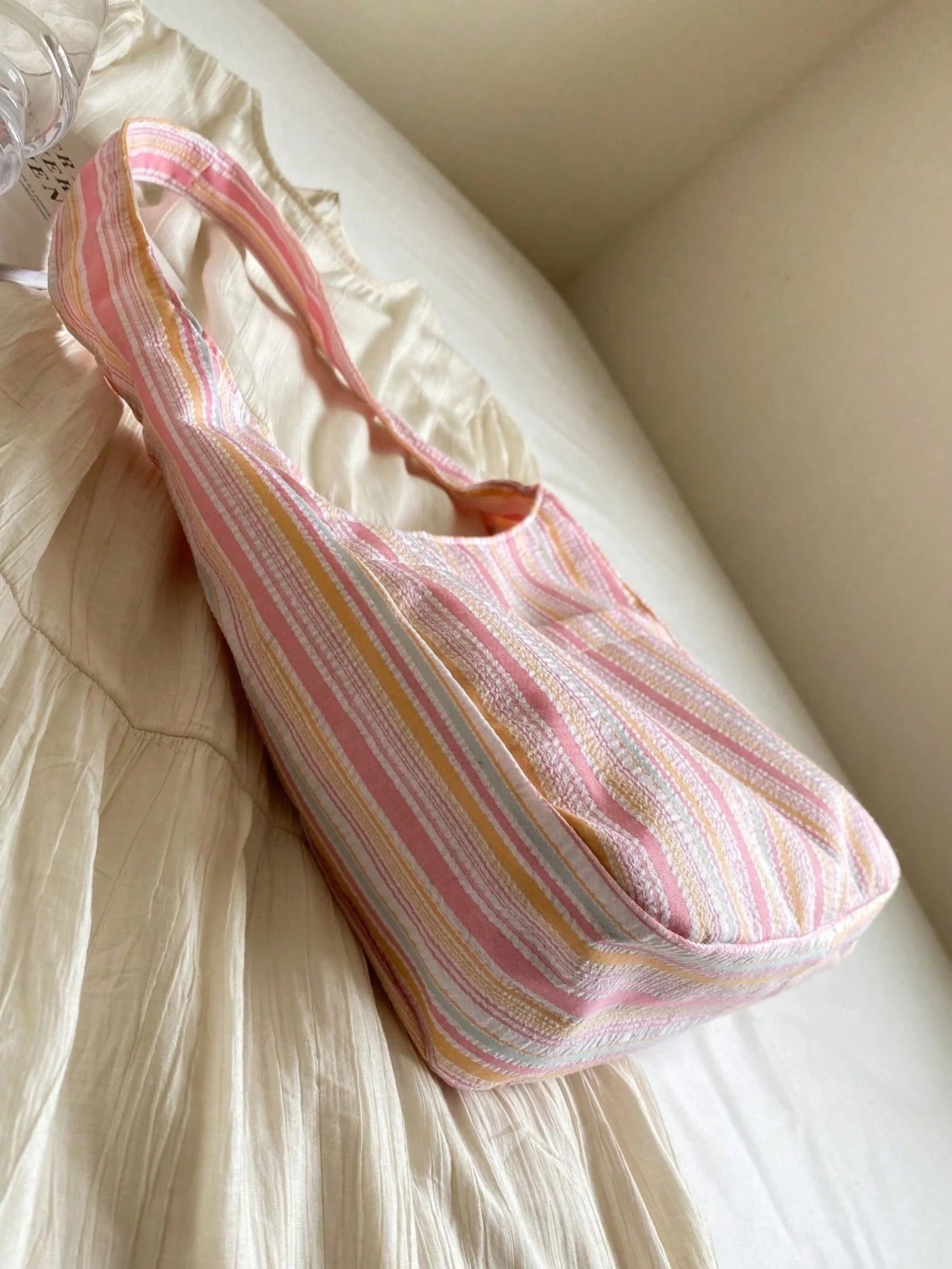 1PC Large Capacity Women Cloth Tote Bag, Shoulder Bag, Casual Stripe Fabric Handbag, Pink, Beach