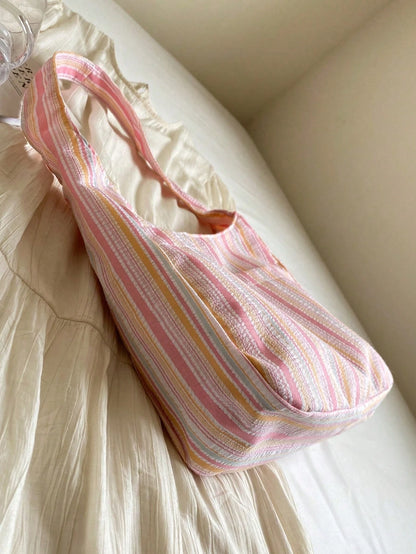 1PC Large Capacity Women Cloth Tote Bag, Shoulder Bag, Casual Stripe Fabric Handbag, Pink, Beach