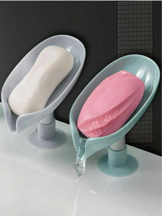 1pc Leaf-Shaped Soap Dish With Drainage Holes, Soap Holder, Soap Box With Suction Cups On Bottom, Self-Adhesive Plastic Soap Holder, Soap Tray For Kitchen And Bathroom, Soap Box, Bathroom Storage Tool