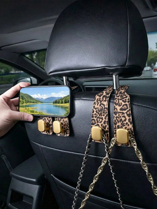 1pc Leopard Print Car Seat Back Hook, Alloy Hanging Rack Car Interior Storage Organizer, Universal Headrest Hidden Installation Car Accessory, Soft Leather Rubber Back Seat Hanging Bag Hook Suitable F