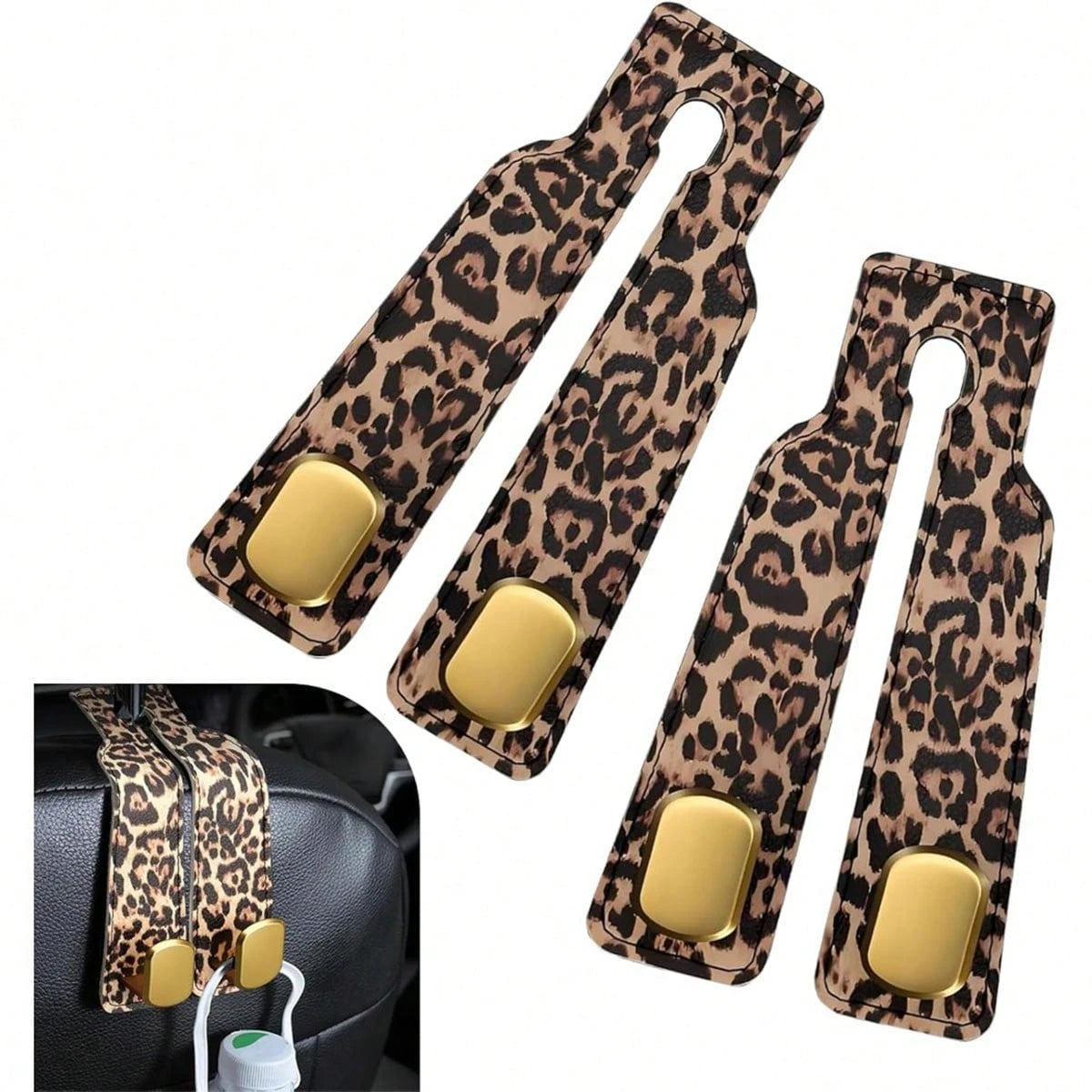 1pc Leopard Print Car Seat Back Hook, Alloy Hanging Rack Car Interior Storage Organizer, Universal Headrest Hidden Installation Car Accessory, Soft Leather Rubber Back Seat Hanging Bag Hook Suitable F