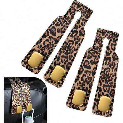 1pc Leopard Print Car Seat Back Hook, Alloy Hanging Rack Car Interior Storage Organizer, Universal Headrest Hidden Installation Car Accessory, Soft Leather Rubber Back Seat Hanging Bag Hook Suitable F