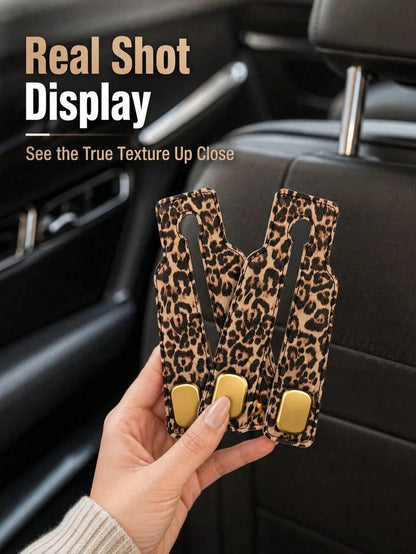 1pc Leopard Print Car Seat Back Hook, Alloy Hanging Rack Car Interior Storage Organizer, Universal Headrest Hidden Installation Car Accessory, Soft Leather Rubber Back Seat Hanging Bag Hook Suitable F