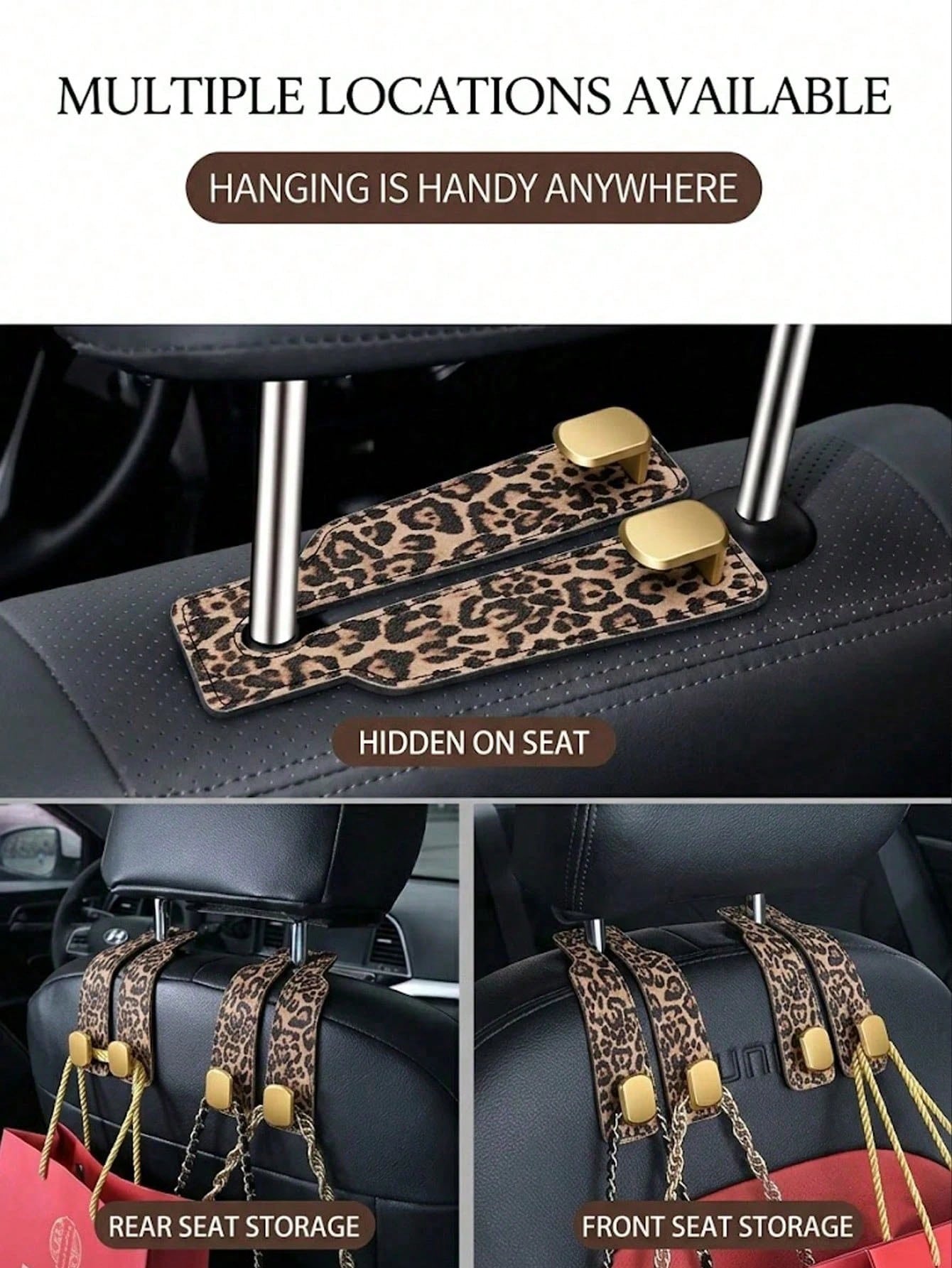 1pc Leopard Print Car Seat Back Hook, Alloy Hanging Rack Car Interior Storage Organizer, Universal Headrest Hidden Installation Car Accessory, Soft Leather Rubber Back Seat Hanging Bag Hook Suitable F